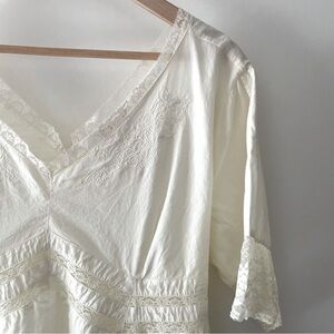 Andrew & Co Ivory 100% Cotton Short Sleeve Top Lace Detailed Size XL